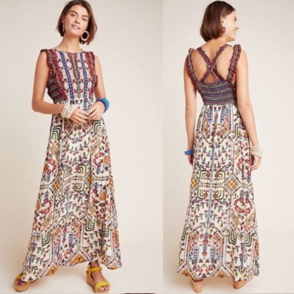 Vineet Bahl Anthropologie Valerie Embroidered Maxi Dress 10 Floral Boho Batik - Picture 8 of 16